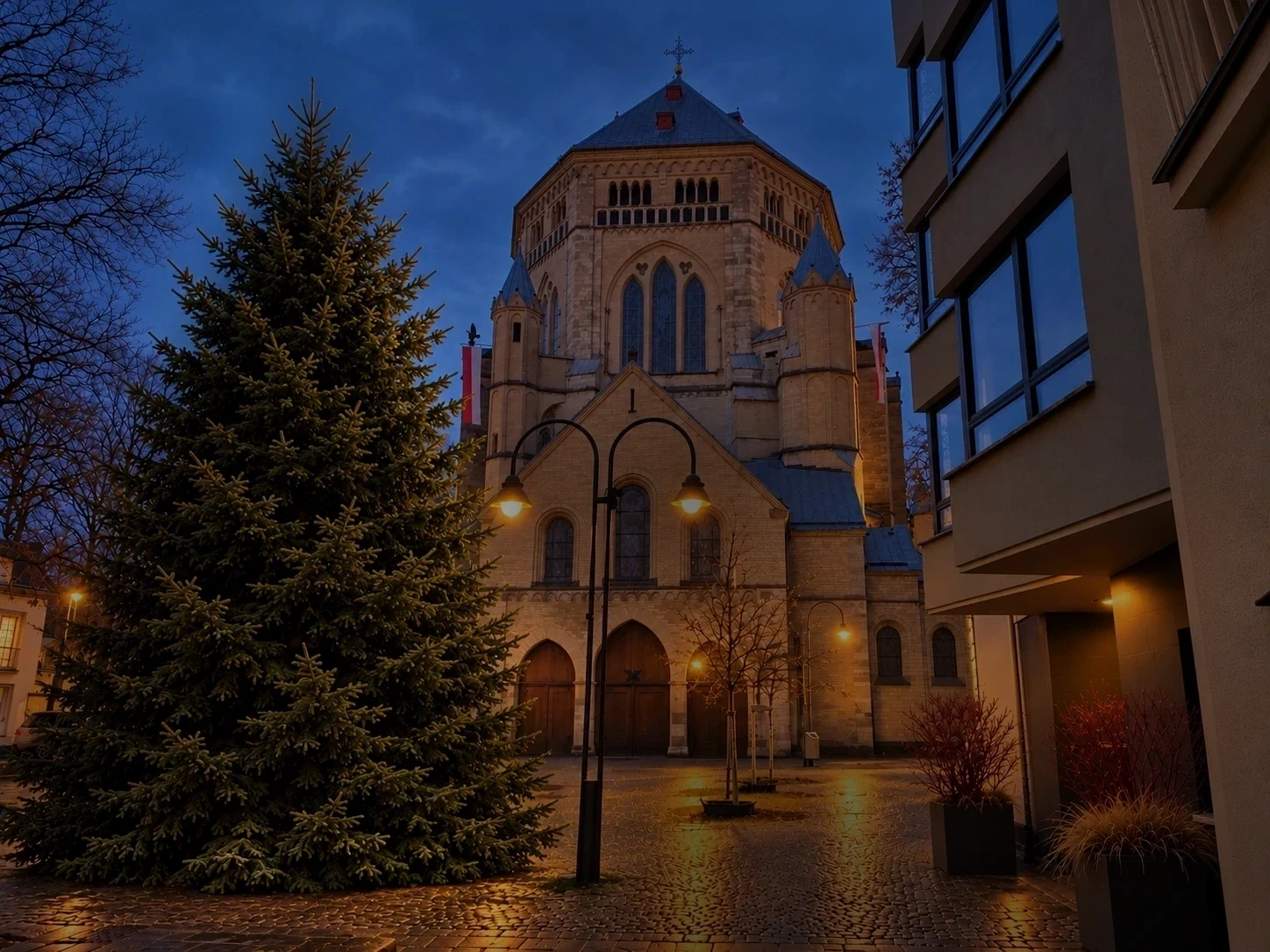 Ungeschmückter Weihnachtsbaum vor der Kirche